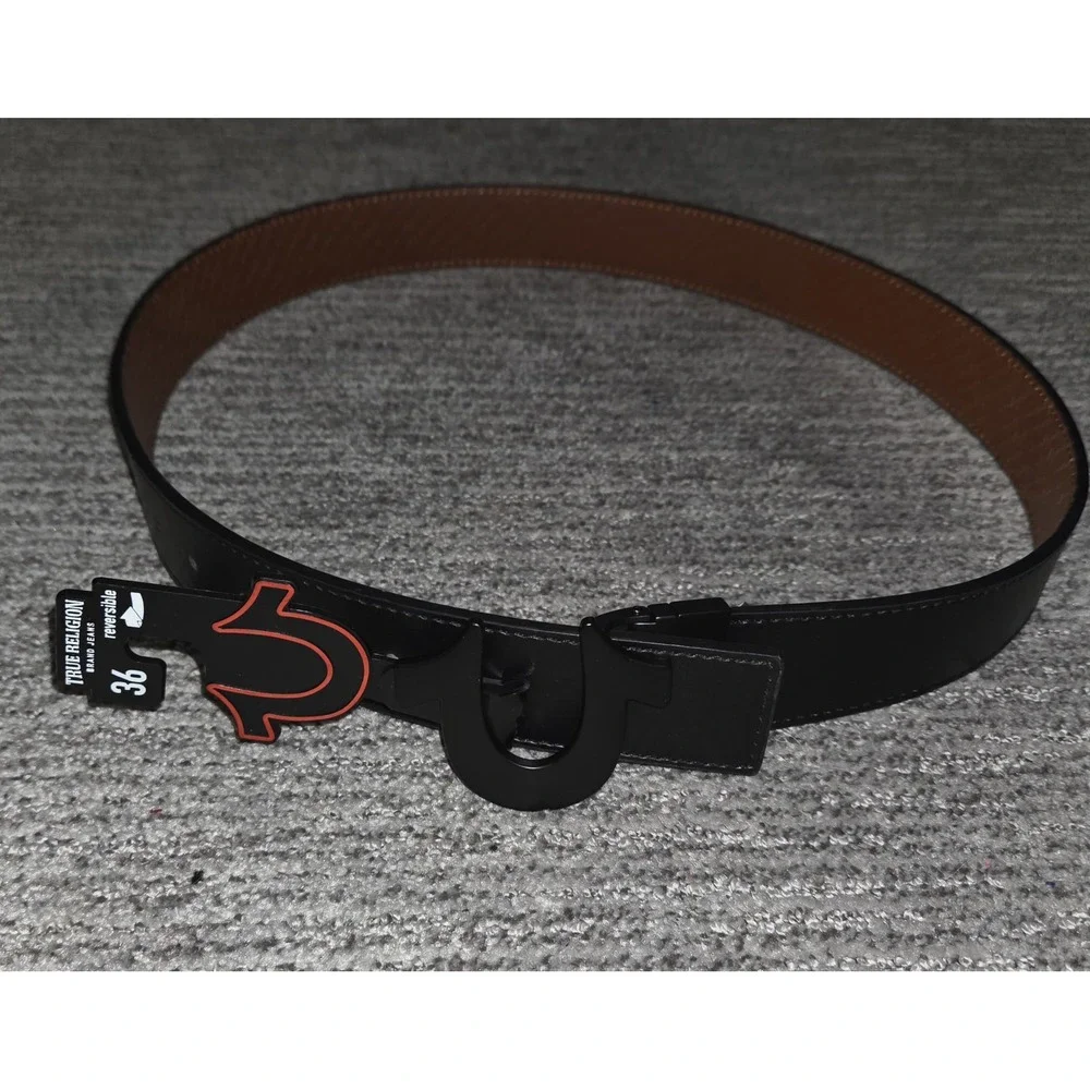 True Religion Mens Reversible Belt Black Tan Monogram Horseshoe Buckle Size 36